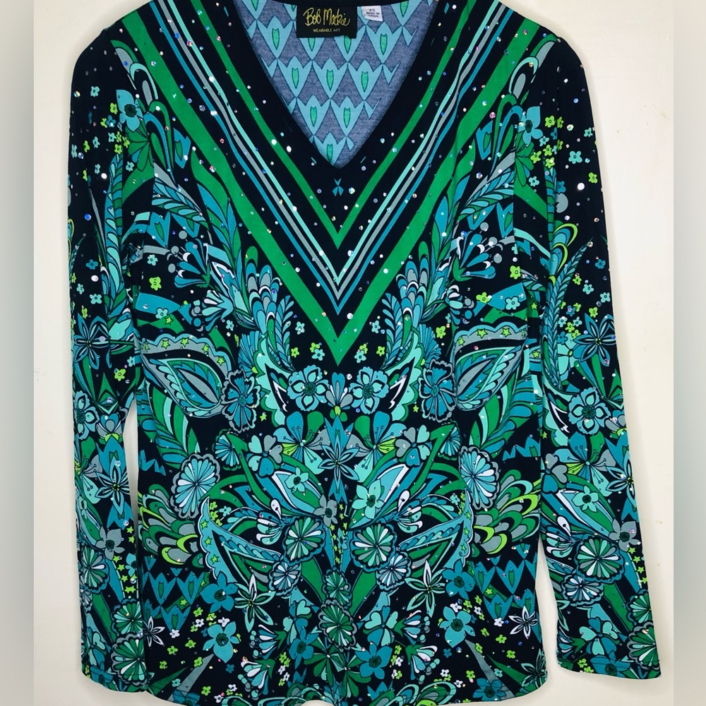 Bob Mackie Wearable Art Blouse Size XS Green Black Florals V Neck Rhinestones